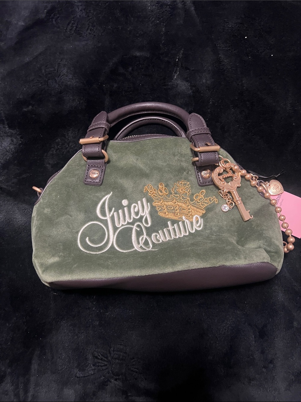 Juicy Couture Olive Green Velvet Satchel w/Brown Trim Gold Charm w/coin wallet